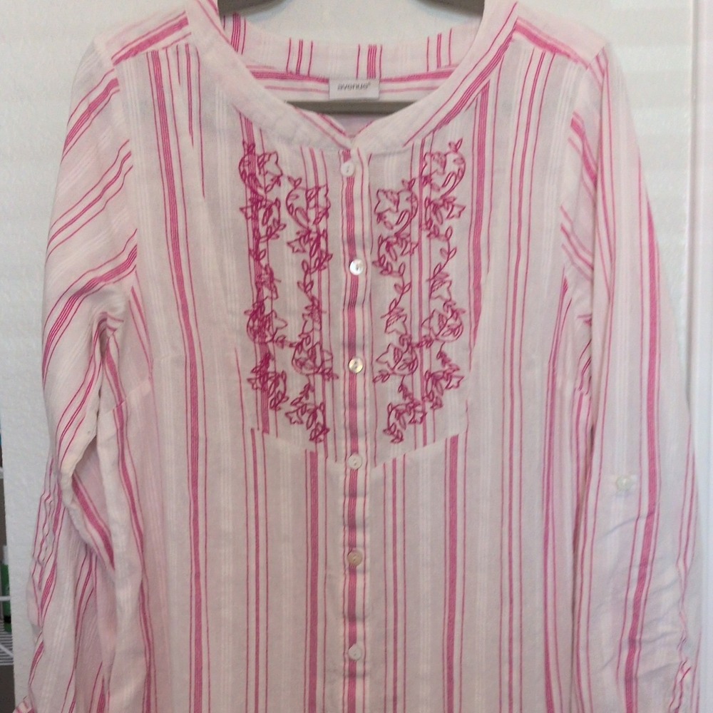 Plus Size Avenue Tunic Women 14/16 Pink Striped Embroidered Cotton Roll Tab